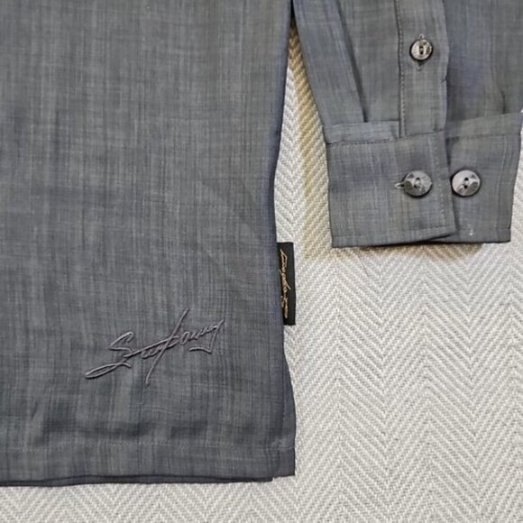 Steve Harvey Shirt Men's Large Gray Button Up Rayon Flip Cuff 2 Pockets EUC - Picture 2 of 15